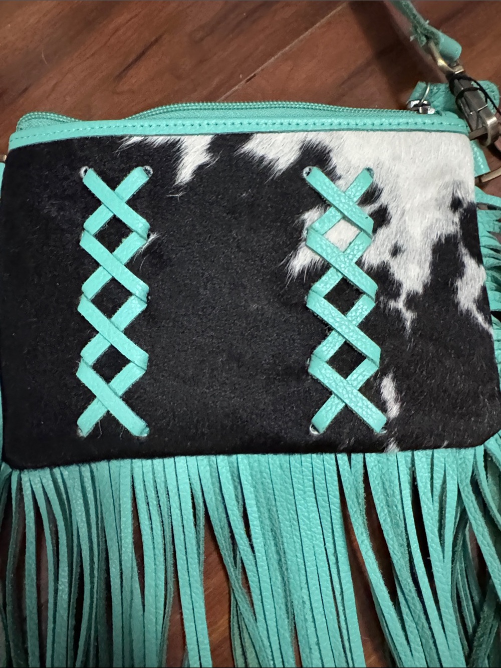 Turquoise Fringe Crossbody with Cowhide Accent by - Picture 2 of 5